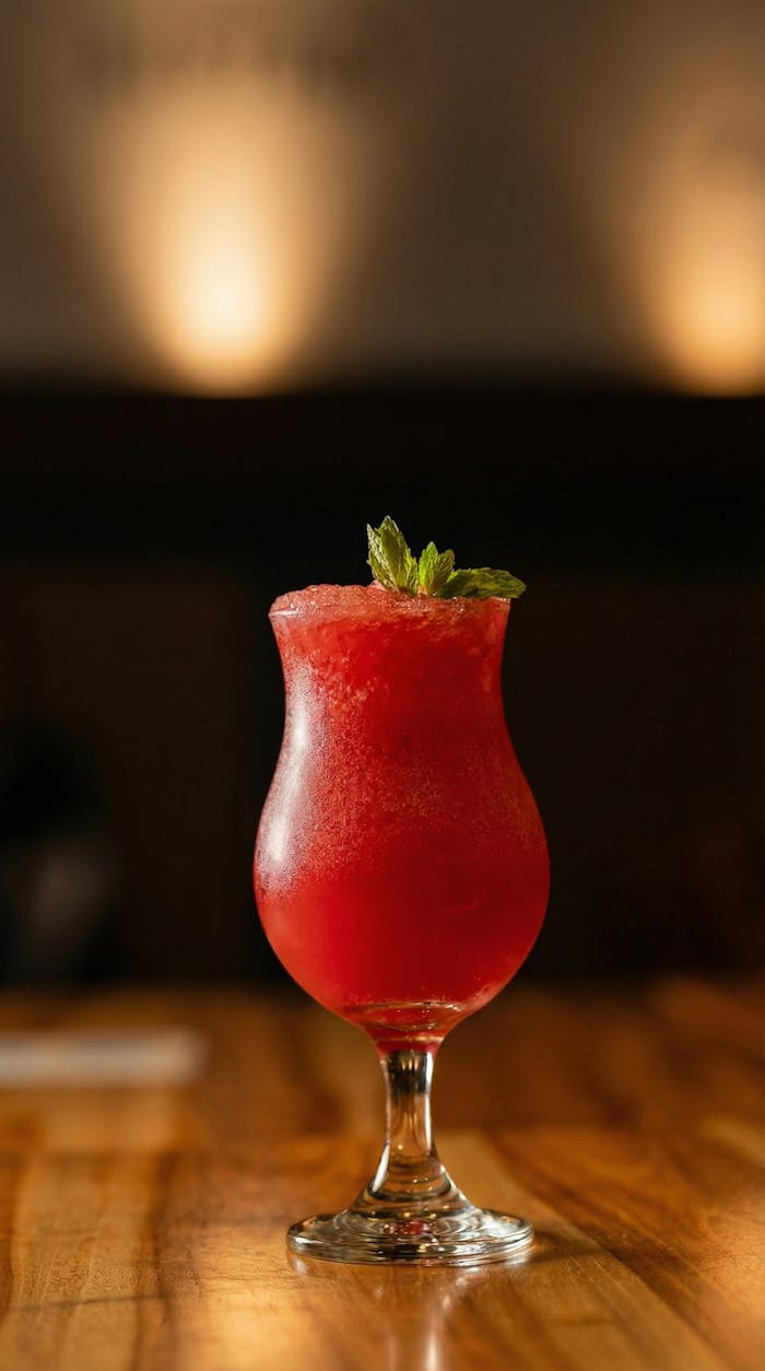 A vibrant red cocktail in a glass with a mint sprig, set against a soft, warm background.